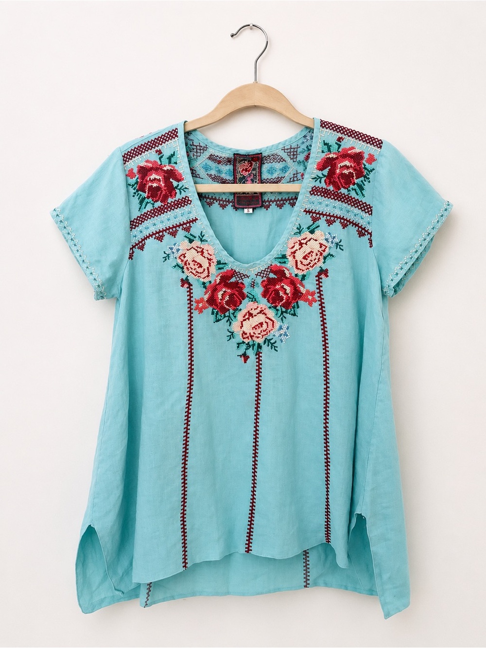 JWLA Johnny Was 100% Linen Embroidered Floral Boho Blouse Size S